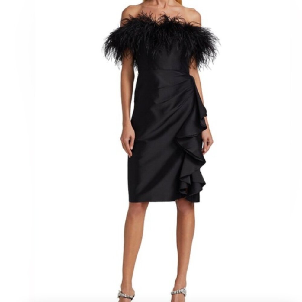 Badgley Mischka Off The Shoulder Feather Cocktail Dress, Black